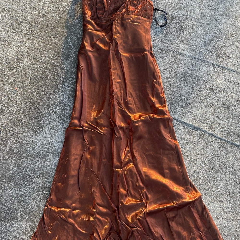 Copper satin prom dress